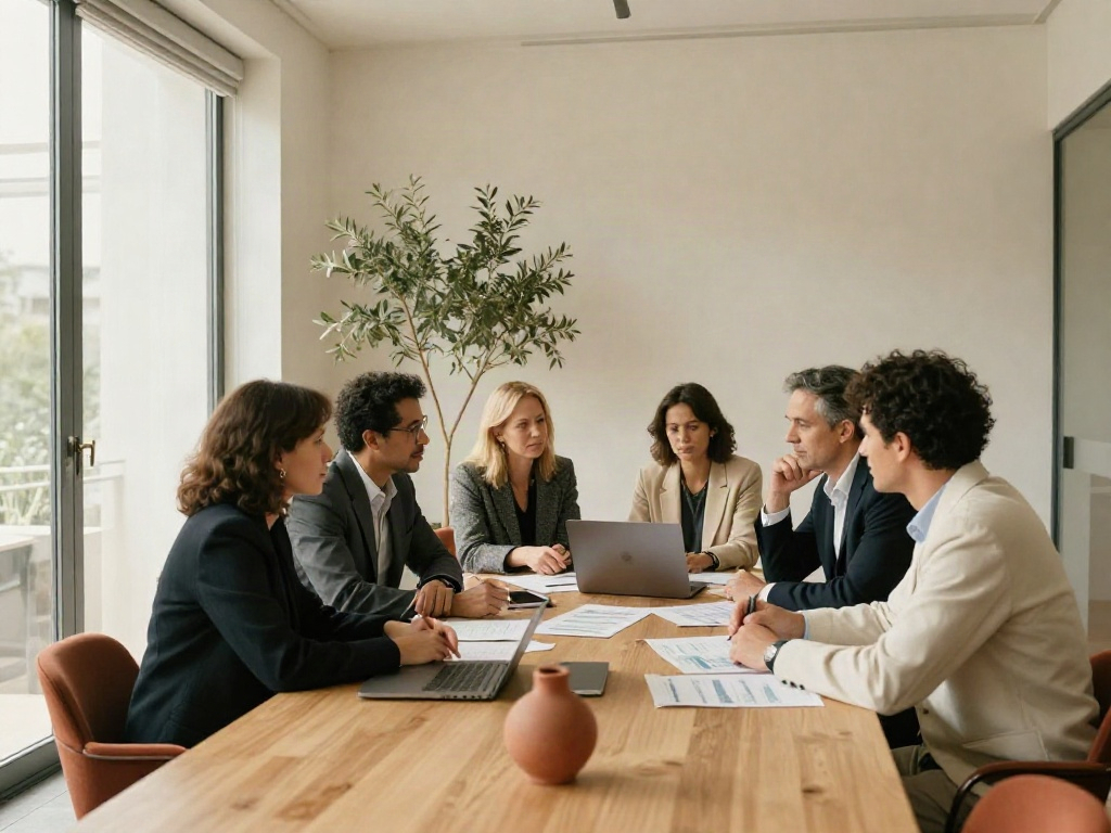 Business strategists collaborating on data and priorities during a focused boardroom review